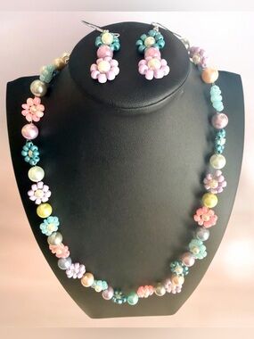 Handmade Pastel Floral Beaded Necklace & Earrings Set - Women Jewelry